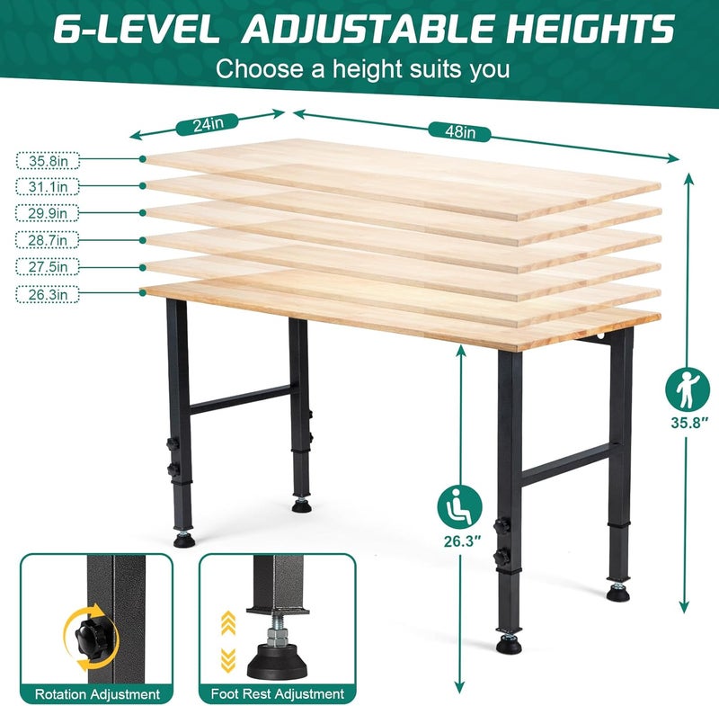 OLBRUS 48 "Adjustable Workbench, Heavy Duty 2000 LBS Load Capacity Hardwood Workbench Suitable for Workshop, Office, Garage, Home (Rubber Pad丨No Power Outlets 48"x24") - Image 2